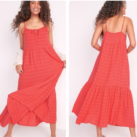❤️ NWT Old Navy Women's Tiered Tie-Front Maxi Swing Sundress Dress Red Lory SZ L - Picture 1 of 16